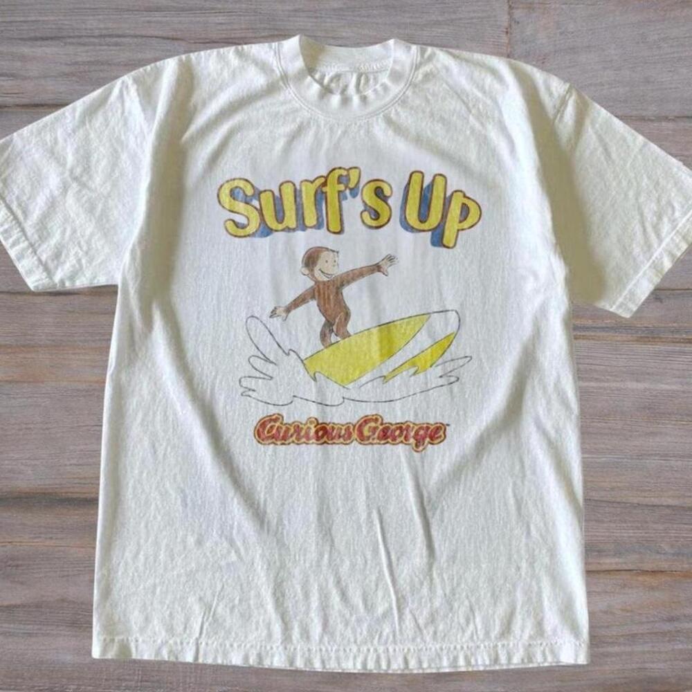 Gildan Men White T-Shirt, Curious George SurfS Up Graphic Tee